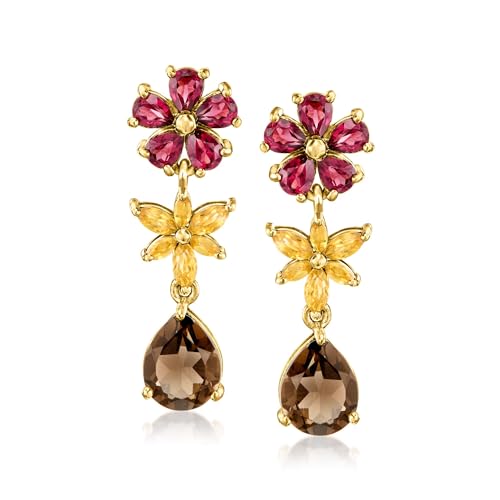 Ross-Simons 2.80 ct. t.w. Smoky Quartz and 2.00 ct. t.w. Rhodolite Garnet Flower Drop Earrings With .60 ct. t.w. Citrines in 18kt Gold Over Sterling
