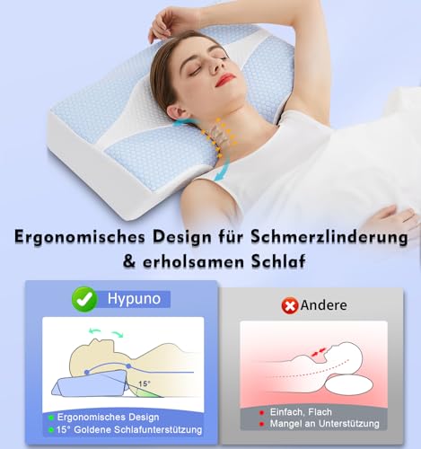 Hypuno Orthopädisches Memory Foam Kopfkissen Nackenstützkissen gegen Nacken- & Schulterschmerzen mit Kühlendem, Waschbarem Bezug – Ergonomisches Schlaf- & Komfortkissen für Seiten- & Rückenschläfer