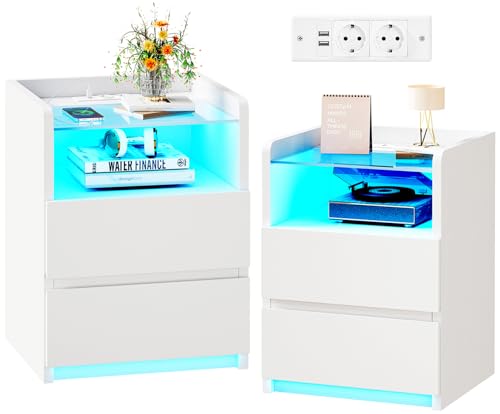 ANWBROAD Table de Chevet Lot de 2 avec Multiprise, Éclairage LED, Table de Nuit avec 1 Compartiment Ouvert et 2 Tiroirs,Tables d’Appoint avec Ports USB et 2 Prises...