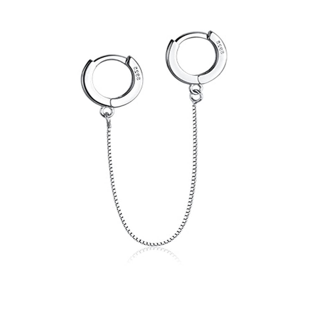 Minimalist Real 925 Sterling Silver Chain Double Small Huggie Hoop Earrings Slave Threader Tassel Long Dangle Drop for Two Ear Holes Women Men Teens Cartilage Helix Cartilage Slave Personalized Cuff Ear Climber Gifts Jewelry