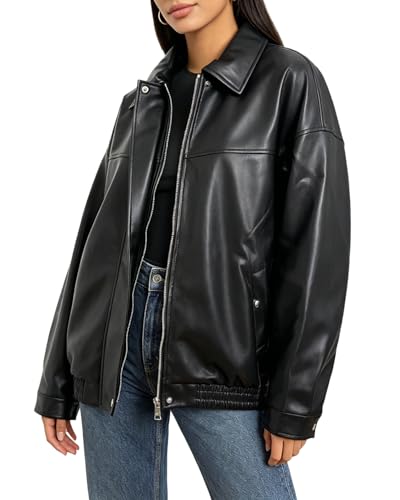 DIASHINY Women Faux Leather Jacket Oversized Moto Biker Coat Plus Size Loose Motocycle Outwear Black M