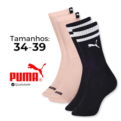 Kit 04 Pares MEIA ESPORTIVA CANO LONGO - PUMA | 2 Pretas -1 Rosa - 1 Branca | 34-39