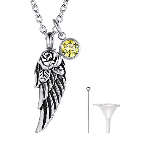 Richsteel Collier Urne Acier Inoxydable Pendentif pour Mettre des Cendres Ailes d’Ange Argent avec Pierre de Naissance Chaîne O 3MM Longeur de 50 CM Cover