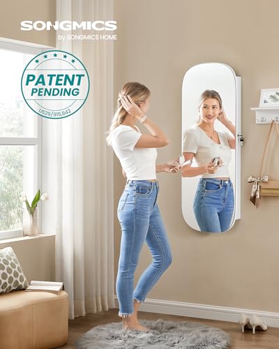 SONGMICS Jewelry Organizer, LED Jewelry Cabinet Wall/Door Mounted, Lockable Rounded Wide Mirror with Storage, Interior Mirror, 3.9 x 16.5 x 42.5 Inches, White Surface with Greige Lining2