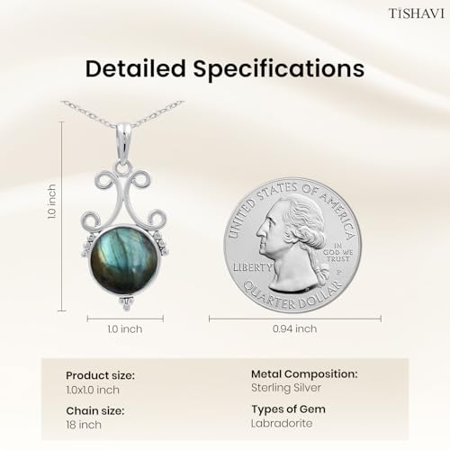 TISHAVI Natural Round Shaped Semi Precious Gemstone Pendant Necklace For Women With 18Inch Chain, Sterling Silver Birthstone Pendant Necklace Jewelry Women's Day Gifts For Mom Wife Sister2