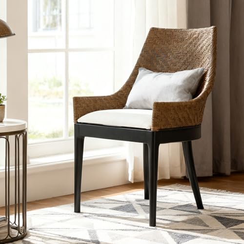 DUHOME Natural Rattan Accent Chair, Tropical Coastal Herringbone Weave Solid Wood Frame Armchair with Cream Upholstered Cushion & Black Tapered Legs, Ergonomic Comfort for Living Room Reading Nook