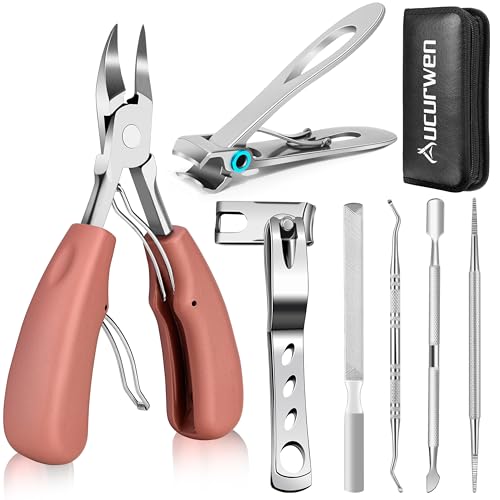 Toenail Clippers for Seniors Thick Toenails, Aucurwen Heavy Duty Toe Nail Clippers Adult Thick Nails Long Handle, Large Toenail Clippers for Thick Nails 7Pcs(Pink)