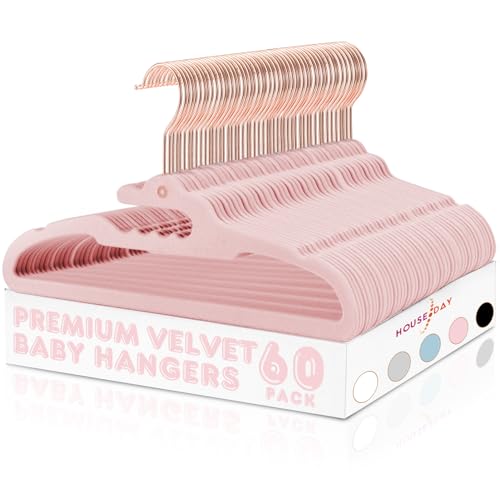 Image of HOUSE DAY Premium Velvet Baby Hangers 60 Pack, 11.4'' Kids Velvet Hangers, Sturdy Baby Hangers for Closet, Pink Baby Clothes Hangers, Toddler Hangers Infant Children Non Slip Hanger for Nursery Use