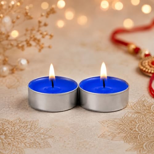 Image of DeoDap Rakhi with Tealight Candle for Brother - Multicolour Round Shape Rakhi 2 Pc with Tealight Candle 2 Pc, Silver Color Coin, Roli Chawal and Greeting Card - Raksha Bandhan Combo for Bhai (Pack of 7)
