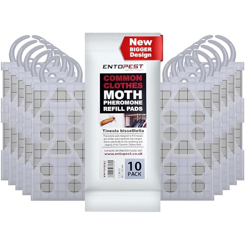 Entopest Moth Peds | 10 Refill Pads & 10 Reusable Hangers | Clothes Moth Detection | Sticky Monitoring Pads for Wardrobes | Pheromone-Based Monitoring Only
