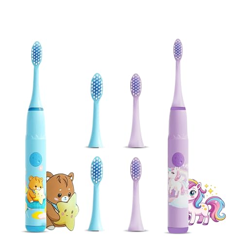 Image of Sonic Electric Toothbrush for Kids with 4 Modes, 3 Brush Heads & Rechargeable Battery, Ultra Soft Nylon Bristles, IPX7 Waterproof, Electric Power Tooth brush (Blue & Purple