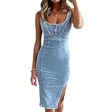 Women's Scoop Neck Zip Up Denim Tank Dress Sleeveless Strap Side Slit Bodycon Midi Jean Dresses, Blue 1, XX-Large