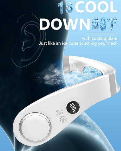 Image of Portable Neck Fan with Cooling Plate, Chargeable 5500mAh 3-15H Lasting, Personal Cooling Fan with LED Display, Wireless Hand-Free Mini Headphone Fans Festival Gifts for Kids Women Men Adults, White