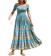 R.Vivimos Women's Summer Maxi Off-Shoulder Dresses Short Sleeve Empire Waist Boho Floral Print Ca...