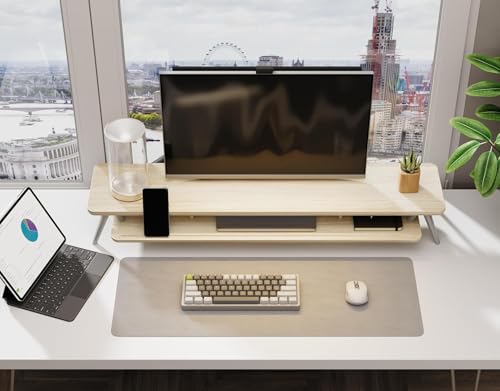 Image of Fenge Dual Monitor Stand, Monitor Stands Riser for 2 monitors, 42.5 Inch Wood Desk Shelf with Storage Organizer and Cable Management for Office Desk Accessories