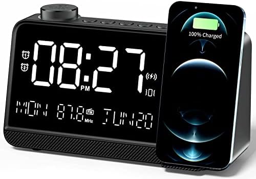 Dekala Alarm Clock with Wireless Charging 15W Ultra Fast, 100dB Super Loud 9” Large Display FM Radio Wireless Charger Alarm Clock for Bedrooms with Dual Alarms & 7 Natural Sounds, Snooze,12/24H