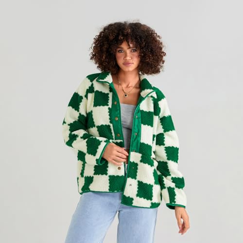 Jacket for Women 2025 Plaid Long Sleeve Lightweight Fleece Jacket Button Down Checkerboard Sherpa Coats Fall Outwear2