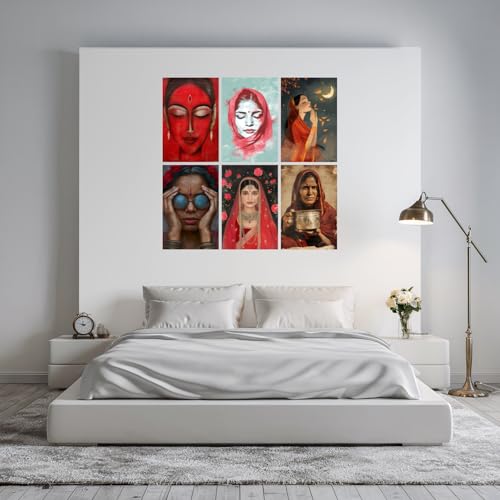 Image of SiddArtify Red and Teal Indian Women Art Print Set - 300GSM Board - 12x18 Inch - Pack of 6 Wall Room Decoration art Poster Prints