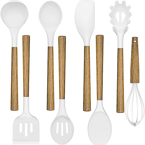 Non-Stick Silicone Kitchen Utensils Set With Natural Acacia Hard Wood Handle, Umite Chef 8 Pieces Kitchen Spatulas Set, White, Bpa Free, Baking, Serving And Cooking Utensils #TOP14