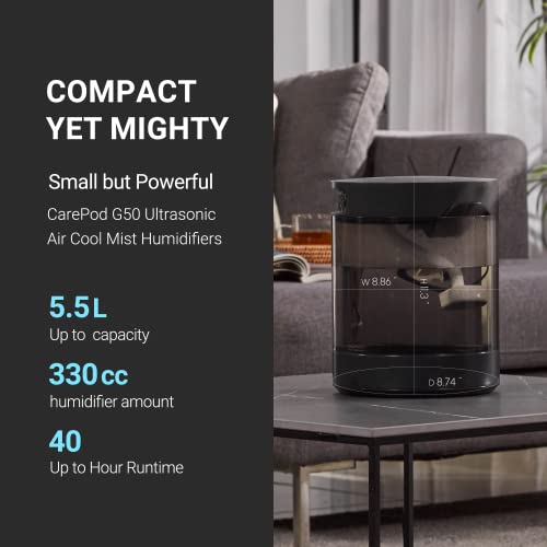 Carepod G50 Ultrasonic Air Cool Mist Humidifiers - 5.5 Liters Water Tank For Long Lasting Use - Portable Humidifiers For Bedroom Large Room - Easy Clean Top Fill Humidifier With Auto Shut Off Design #TOP1