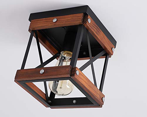 Fivess Lighting Rustic Farmhouse Flush Mount Ceiling Light 1-Light Metal And Wood Cage Mini Semi Flush Mount Light Fixture For Hallway Kitchen Entryway, Black #TOP4