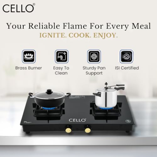 Image of Cello PEARL PLUS GT 2 Burner Gas Stove | Flower Design Brass Burners, 6mm Toughened Glass, Heavy-Duty Brass Valves, Flame Guard Pan Supports