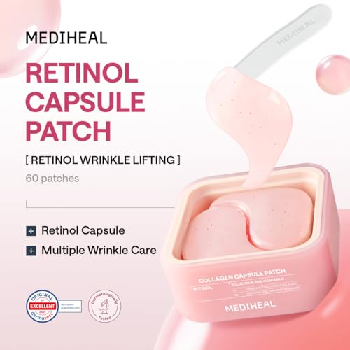 Image of MEDIHEAL Retinol Capsule Eye Patches - Korean Hydrogel Under Eye Patch for Fine Lines, Wrinkles & Firming- Full Coverage(70mm Wide) - Non Irritating, Encapsulated Retinol, 60 Count