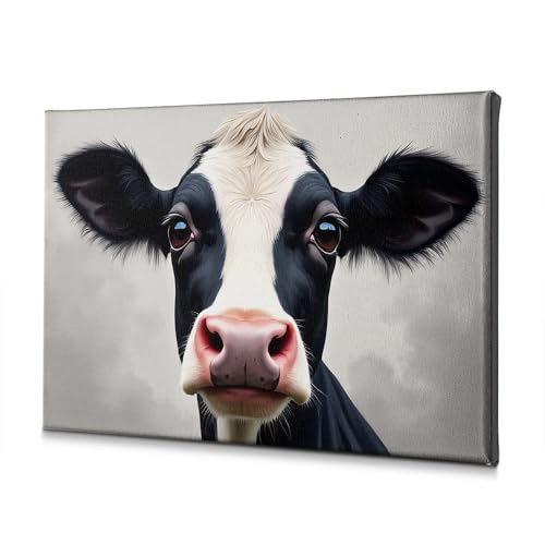 Cuadros de pared para sala de estar, retrato de vaca en blanco y negro, lienzo decorativo, diseño de flores, decoración de Pascua (40 x 60 cm)