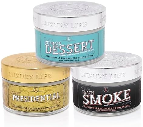 LUXURY LIFE BUTTER - Irresistibly Scented Body Butter with Hyaluronic Acid for Ultimate Moisture. Hydrates for a Non-Greasy Glamorous Glow (Dessert, Presidential and Peach Smoke)