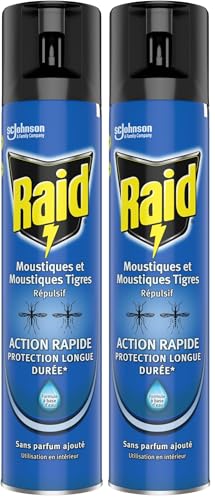 Raid Aérosol Volants - Répulsif Moustiques et Moustiques Tigres - Action Rapide - Sans Parfum Ajouté - 1 Aérosol 300 ML (Lot de 2)