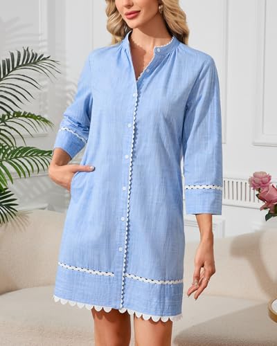 Women's Button Down Shirt Dress Fall 3/4 Sleeve Belted Tunic Casual Cotton Linen RIC Rac Trim Mini Dresses with Pockets3