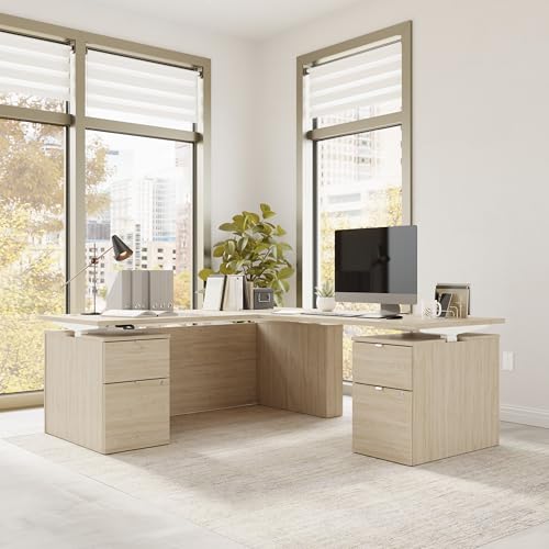 Image of Bush Business Furniture 72-inch Height Adjustable L Shaped Standing Desk with Drawers, Ergonomic Sit-Stand Computer Table for Office, Stratus Collection, Natural Elm with White Base