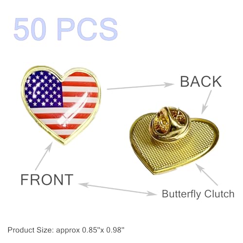 TANG SONG 50PCS Heart Shape American Flag Waving Lapel Pins United States USA Badge Pin Patriotic Enamel Suit Jacket Lapel Pins(1" in width)3
