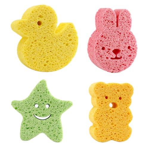 SHERCHPRY 4Pcs Bath Sponge Soft and Gentle Bath Scrubbers for Cute Cartoon Designs Duck Bunny for Daily Bathing and Care