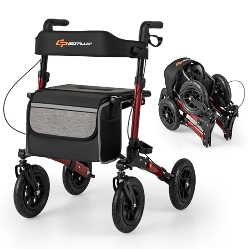 COSTWAY Andador para Ancianos con Asiento, Taca Taca Adultos Plegable, Altura Ajustable 81,5 a 97 cm, 4 Ruedas de Neumáticos, Caminadores para Mayores, Estructura de Aluminio Ligera (rojo)