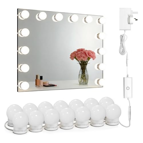 Star Vision 14-Bulb Vanity Lights for Mirror DIY LED Makeup Lights Kit with Double-Sided Stickers Plug-in UK Power Adaptor & Touch Dimmer 6 000K 1350 Lumens 6 Meters Length (Mirror Not Included)