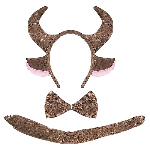 SKHAOVS Disfraz de Toro, Juego de Disfraces de Toro Accesorios para Disfraz de Toro, Kit de Disfraces de Animales, Orejas Diadema Cola de lazo, para Carnaval Fiesta Temática Halloween (Marrón)