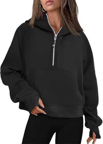 Kenhansion Women Quarter Up Cropped Hoodies Sweaters Half Zipper Crop Hooded Sweater Long Sleeve Pullover Top with Thumb Hole (Black,X-Large)