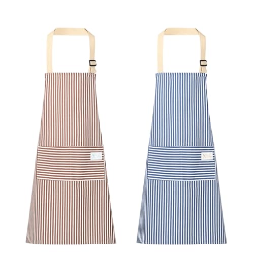 Dewocke Set de 2 Piezas Delantales de Cocina para Mujeres/Hombre, Delantal Cocina Ajustable, Delantal en Algodón con Bolsillos, Mandiles para Barbacoa, Cocinar, Hornear y Jardín - Azul y Marrón