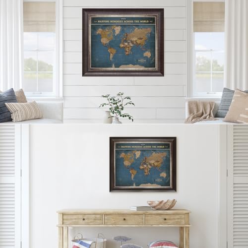 Image of DECORARTS - Personalized World Travel Map with Pins, Custom Name, Pin Board Canvas Wall Art, Modern Navy Blue World Decor, Optional Wood Frame, Giclee Print, Handcrafted in USA, 20x16''