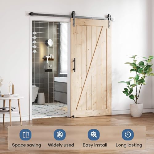 Image of EaseLife 7FT Sliding Barn Door Hardware Track Kit & Handle,Big Industrial Spoke Wheel Pulley,Wall Mount,Slide Smoothly Quietly,Easy Install,Black,84 inch Track Fit for 38-40 inch Wide Opening (No Door)