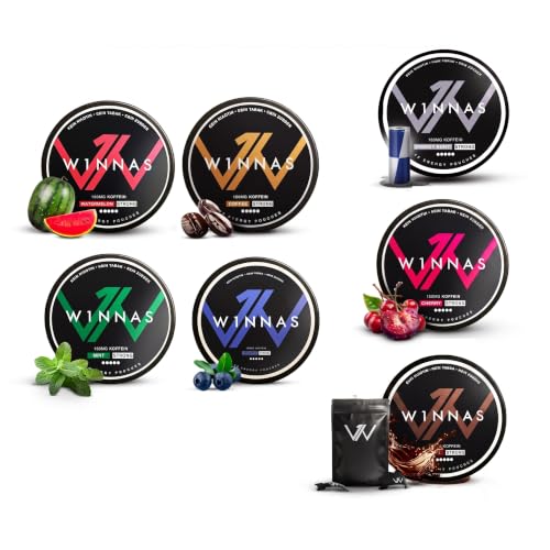 W1NNAS Performance Pouches Starter Set Energy Beutel mit Koffein Nikontinfreies Snus Fokus & Wachheit ohne Tabak 13 Pouches pro Can Für Sport Arbeit und Autofahren 6 Dosen + Nose Strips