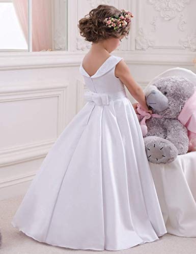 Hengyud Satin White First Communion Dresses for Girls Lace Off Shoulder Flower Girls Dress for Wedding2