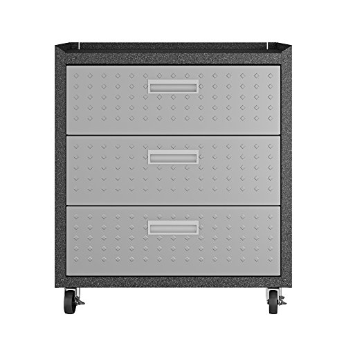 Image of Manhattan Comfort Fortress 3-Piece Textured Garage Storage Set, Includes Mobile Metal Cabinet Chests and Worktable, Space-Saving Design, 24-Gauge Metal, Lockable Wheels, 6.0 Series, Grey