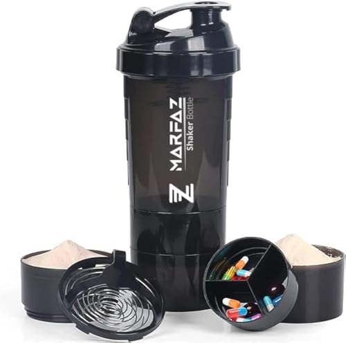 Protein Shaker Bottle with Storage 500ml | BPA Free Gym Shaker 3 in 1 Cups for Protein Shakes Mixes Water Bottle | Leakproof Containers (Black)