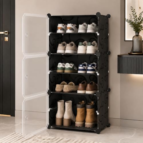 Image of KRISHYAM 6 Tier Shoe Rack with Doors, Foldable Dustproof Shoe Organizer Cabinet, Space Saving Waterproof Shoe Stand for Home, Entryway, Bedroom & Balcony, Black
