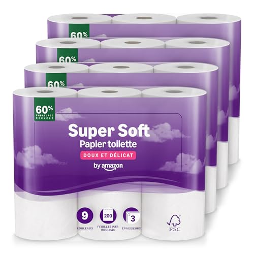 by Amazon Papier Toilette, 3 Épaisseurs Matelassé, Doux et Soyeux, 36 Rouleaux (4 Paquets de 9), 200 Feuilles par Rouleau, Certifié FSC