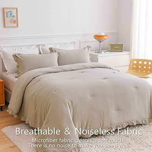 Aikasy Khaki Ruffle Comforter Queen, 3 Pieces Vintage Ruffle Fringe Comforter, Farmhouse Rustic Microfiber Down Alternative Bedding Comforter Set (1 Comforter + 2 Pillow Shams) #TOP4