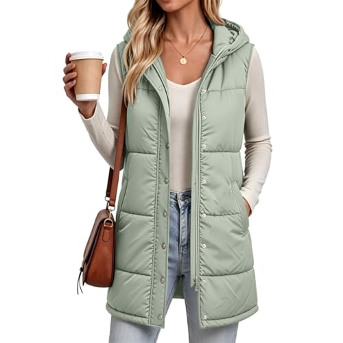 XOGWVJ Womens Long Vests Sleeveless Outerwear Womens Puffer Vest Long Hooded Sleeveless Coat Winter Warm Quilted Zip Up Jacket with Pockets Casual Cold Outerwear Green XL - image 8