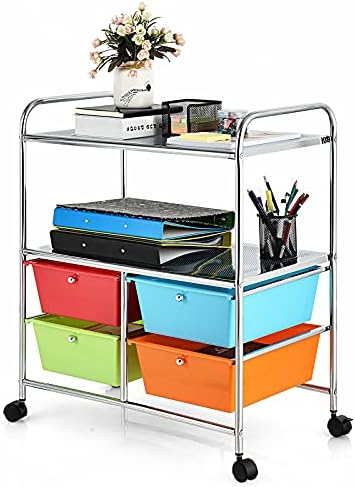 COSTWAY Drawers Storage Trolley, Home Office Stationary Rolling Cart with Shelves and Wheels, Multipurpose Mobile Organiser Shelving Unit for Makeup Beauty Salon (Multicolour)